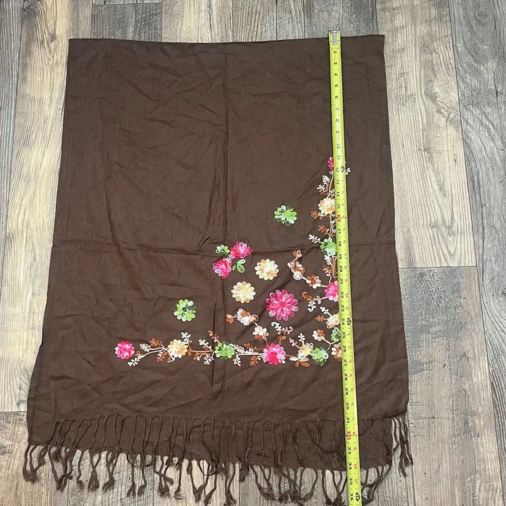 Brown Embroidered Floral Scarf Shawl Wrap Fringe Women's‎ Fashion Accessory